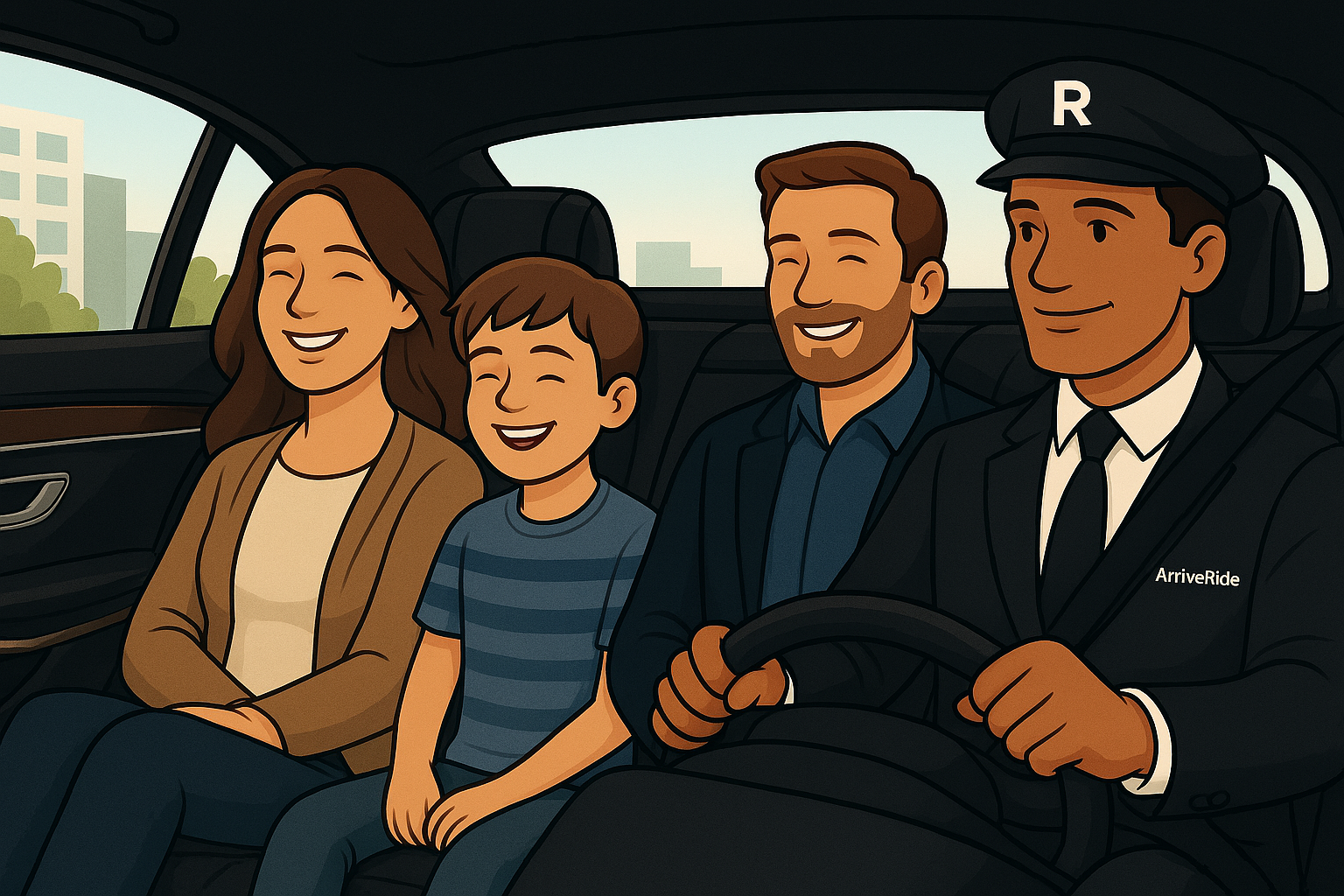 Luxury ride experience — passenger enjoying the backseat while professional driver drives